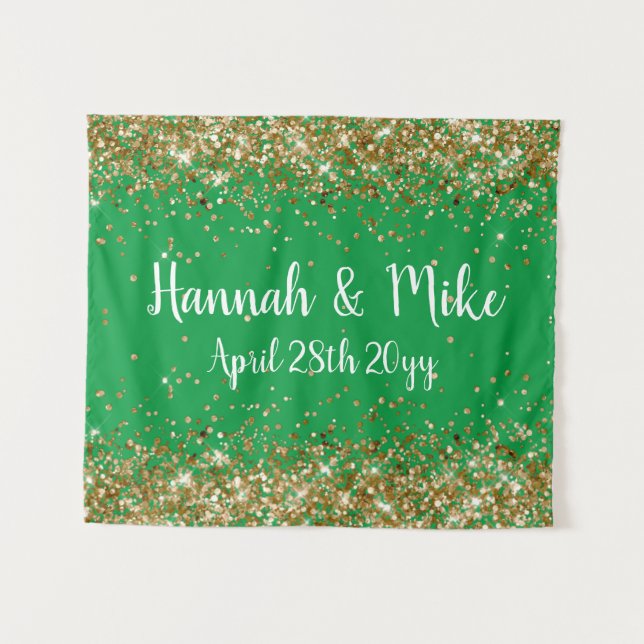 Custom Green and Gold Wedding Backdrop Photo Booth Tapestry (Front (Horizontal))