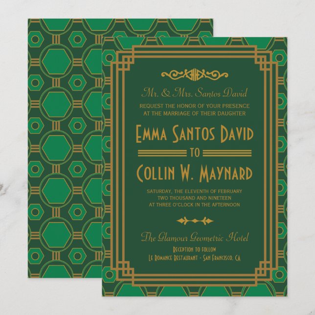 Custom Green Art Deco Wedding Invites (Front/Back)