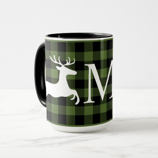 Custom Green Black Buffalo Lumberjack Check Plaid Mug (Front Left)