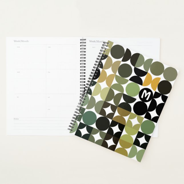 Custom Green Black White Brown Retro Art Pattern Planner (Display)