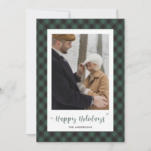 Custom Green Buffalo Plaid Photo Holiday Cards (Front)
