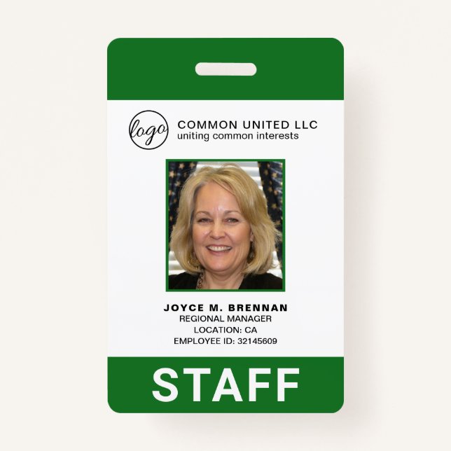 Custom Green Business Logo Employee Photo ID ID Badge (Front)