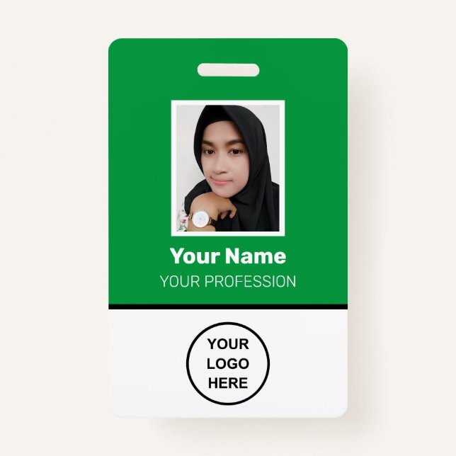 Custom Green Employee Photo, Bar Code, Logo, Name ID Badge (Front)
