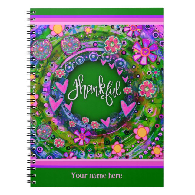 Custom Green Floral Hearts Thankful Fun Colourful Notebook (Front)