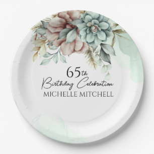 Custom Green Floral Vintage 65th Birthday Paper Plate