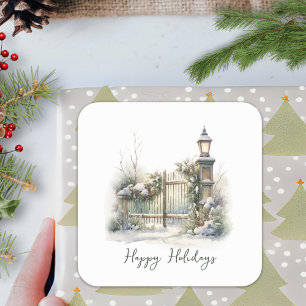 Custom Green Foliage Berries Snow Winter Christmas Square Sticker