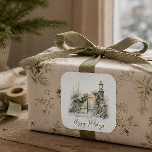 Custom Green Foliage Berries Snow Winter Christmas Square Sticker