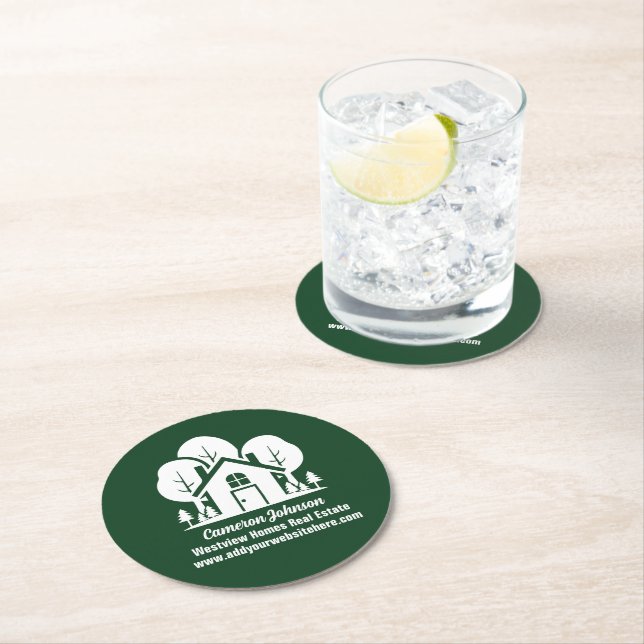Custom Green Forest House Real Estate Company Round Paper Coaster (Insitu)