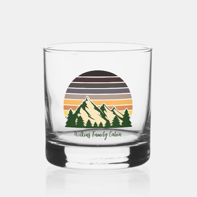 Custom Green Forest Mountain Cabin Whiskey Glass (Front)