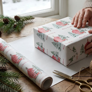 Custom Green Forest Red Barn Pine Christmas Tree Wrapping Paper