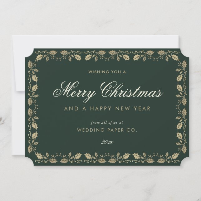 Custom Green Gold Holly Business Christmas Cards (Front)