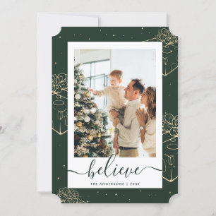 Custom Green Gold Photo Believe Christmas Cards