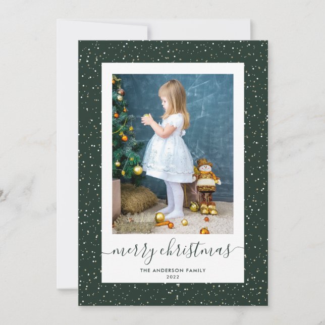 Custom Green Gold Snowy Photo Merry Christmas Card (Front)