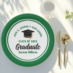 Custom Green Graduate 2024 Graduation Party Paper Plate<br><div class="desc">These modern green and white custom graduation party plates feature classy typography of your university or college name for the class of 2024. Customise with your graduating year next to the chic handwritten script and black grad cap for great personalised congratulations graduate party decor.</div>