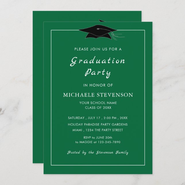 Custom Green Graduation Invitations Choose Colours (Front/Back)