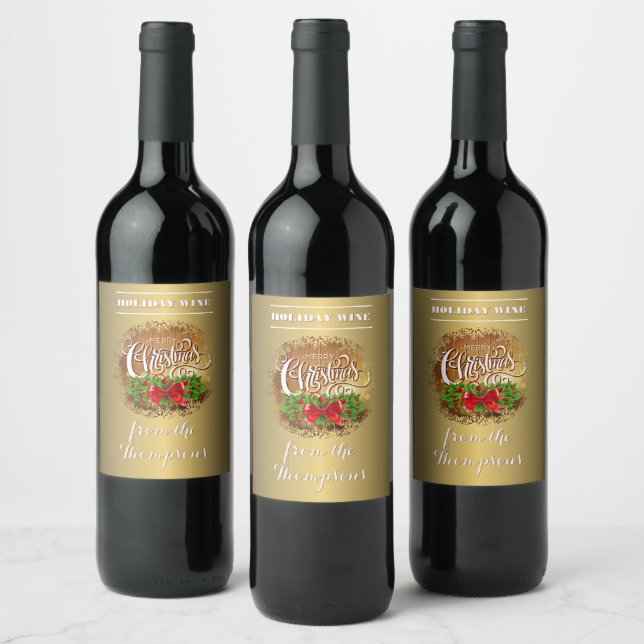 Custom Green Holly Leaves Red Berries On Faux Gold Wine Label (Bottles)