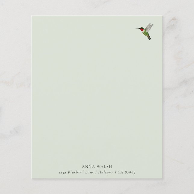 Custom Green Hummingbird Stationery Paper (Front)