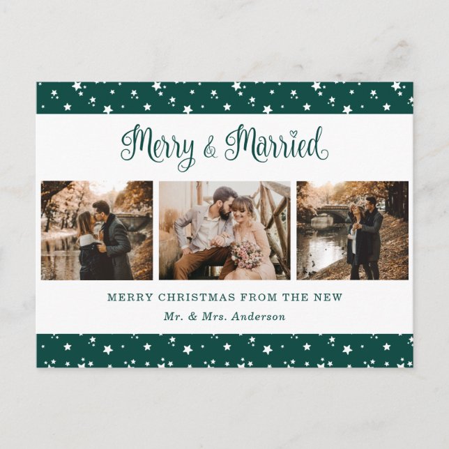 Custom Green Married and Merry Holiday Postcards (Front)