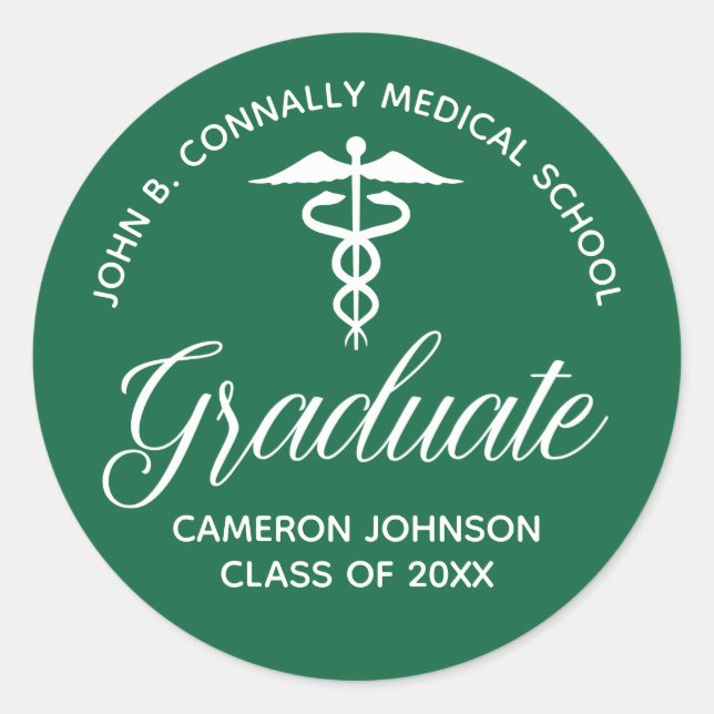Custom Green Medical School Graduation Party Classic Round Sticker (Front)