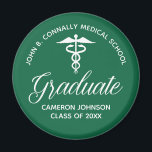 Custom Green Medical School Graduation Party Magnet<br><div class="desc">This custom green medical school graduation party favour features classy white typography under a medical caduceus and your college name for the class of 2024. Customise with your graduating year under the elegant calligraphy for great personalised university graduate magnet gift for a nurse or doctor.</div>