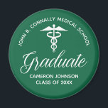 Custom Green Medical School Graduation Party Magnet<br><div class="desc">This custom green medical school graduation party favour features classy white typography under a medical caduceus and your college name for the class of 2024. Customise with your graduating year under the elegant calligraphy for great personalised university graduate magnet gift for a nurse or doctor.</div>