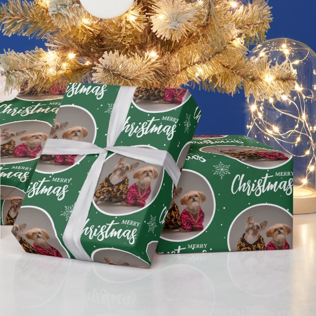 Custom Green Merry Christmas One Circle Photo Wrapping Paper (Holidays)