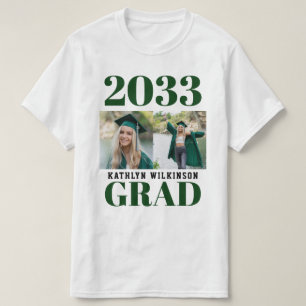 CUSTOM Green Modern Simple Script 2 Photo Grad T-Shirt