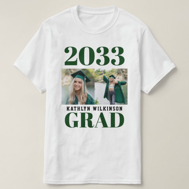CUSTOM Green Modern Simple Script 2 Photo Grad T-Shirt (Design Front)