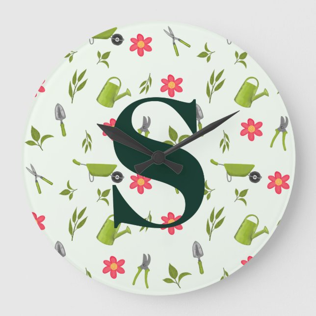 Custom Green Monogram Gardening Large Clock (Front)