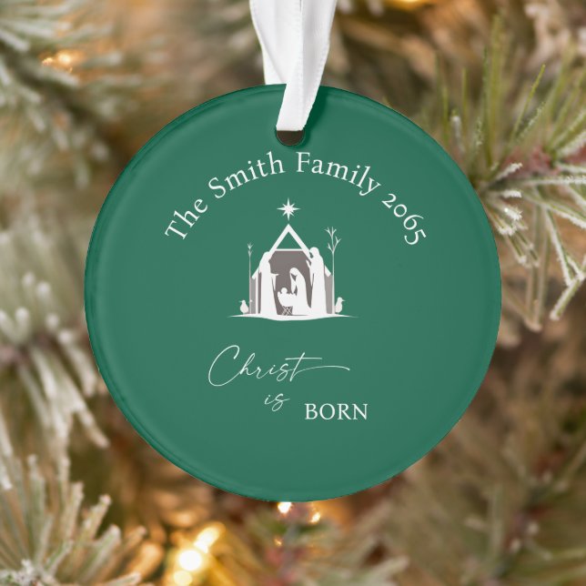 Custom Green Nativity Photo Acrylic  Christmas Ornament (Tree)
