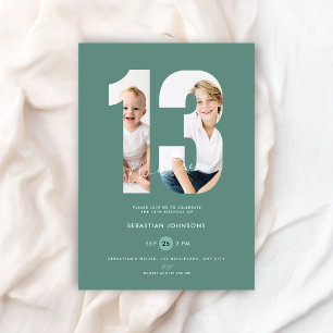 Custom Green Photo Boys Number 13th Birthday Invitation