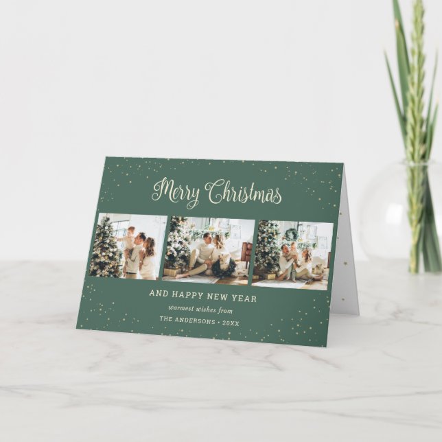 Custom Green Photo Collage Merry Christmas Cards (Front)