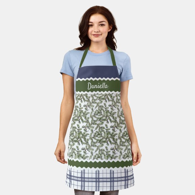Custom Green Pine Needles Blue Berries Foliage Apron (Worn)