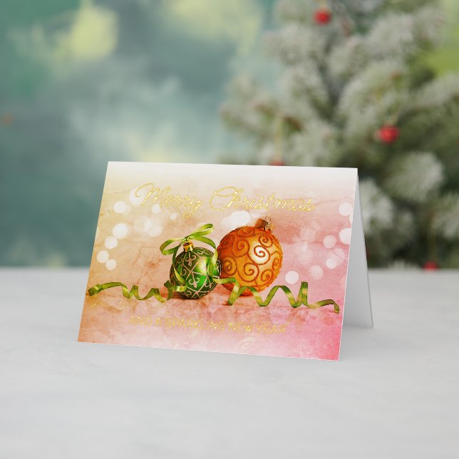 Custom Green Pink Orange Gold Tree Ornaments Gold Foil Holiday Card (Holiday In Situ)