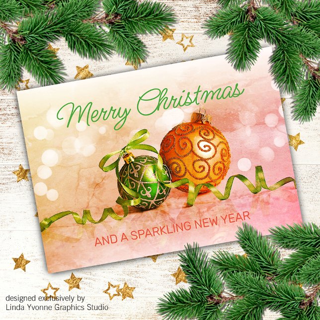 Custom Green Pink Orange Gold Tree Ornaments Holid Holiday Card (Creator Uploaded)