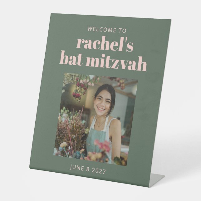 Custom Green Pink Photo Bat Mitzvah Welcome Pedestal Sign (Front)