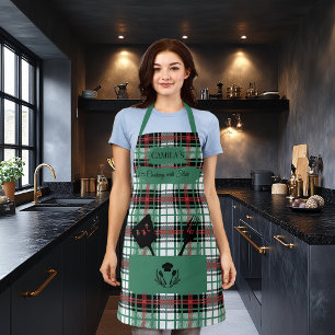 Custom Green Plaid with Cooking Utensils Pocket Apron