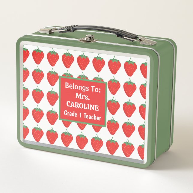 Custom Green & Red Strawberry Pattern Teacher's Metal Lunch Box (Front)