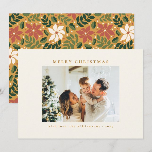 Custom Green Red Yellow Floral Photo Christmas Holiday Card (Front/Back)