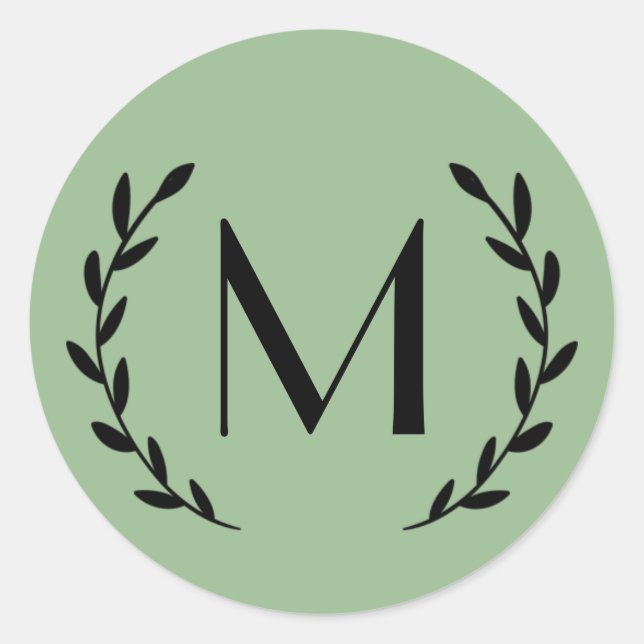 Custom Green Sage Wedding Laurel Letter Classic Round Sticker (Front)
