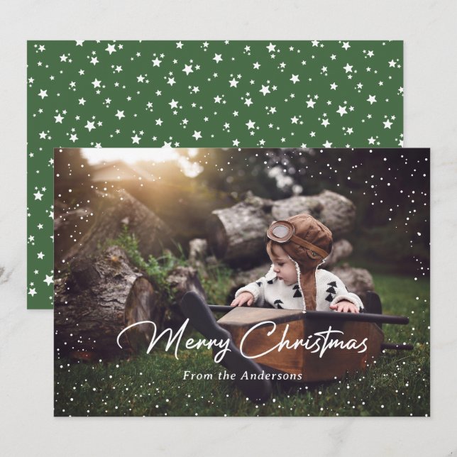 Custom Green Snow Stars Photo Christmas Cards (Front/Back)