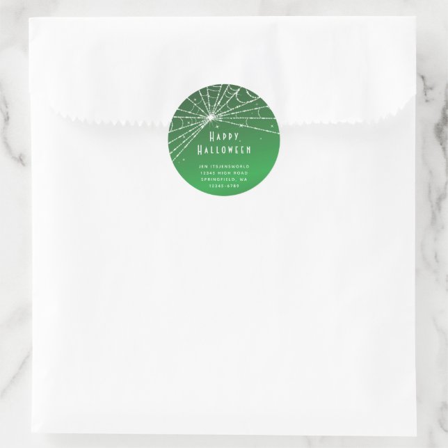 Custom Green Spider Web Halloween Address Classic Round Sticker (Bag)