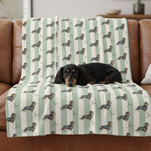 Custom Green Stripe Dachshund Pet Name Fleece Blanket