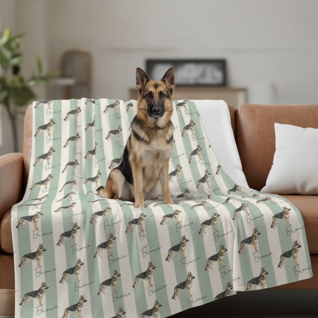 Custom Green Stripe German Shepherd Pet Name Fleece Blanket (Get cozy with this "Custom Green Stripe German Shepherd Pet Name Fleece Blanket"! )