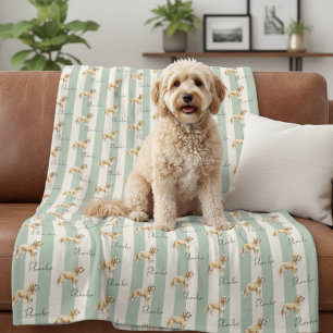 Custom Green Stripe Golden Doodle Pet Name Fleece Blanket