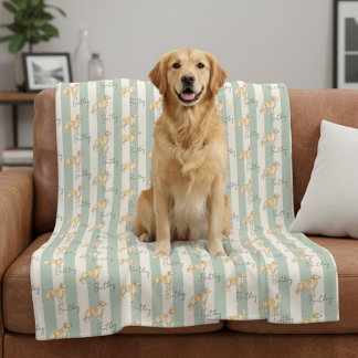 Custom Green Stripe Golden Retriever Pet Name Fleece Blanket