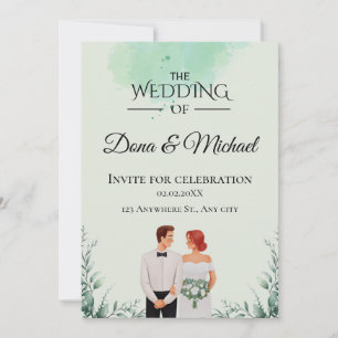 Custom green watercolor flowy wedding invitation