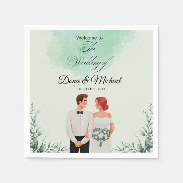 Custom green watercolor flowy wedding napkin (Front)