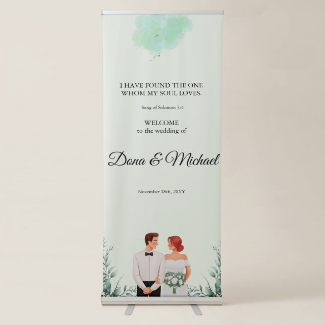 Custom green watercolor flowy wedding retractable banner (Front)