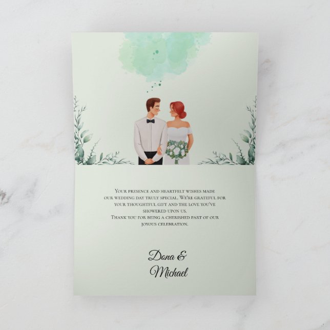 Custom green watercolor flowy wedding thank you card (Inside)